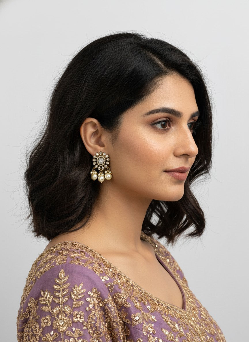 Victorian Gold Plated Polki Stud Earrings with Pearl detailing