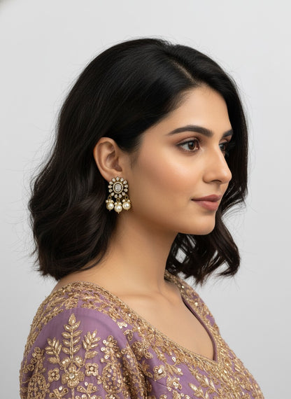 Victorian Gold Plated Polki Stud Earrings with Pearl detailing