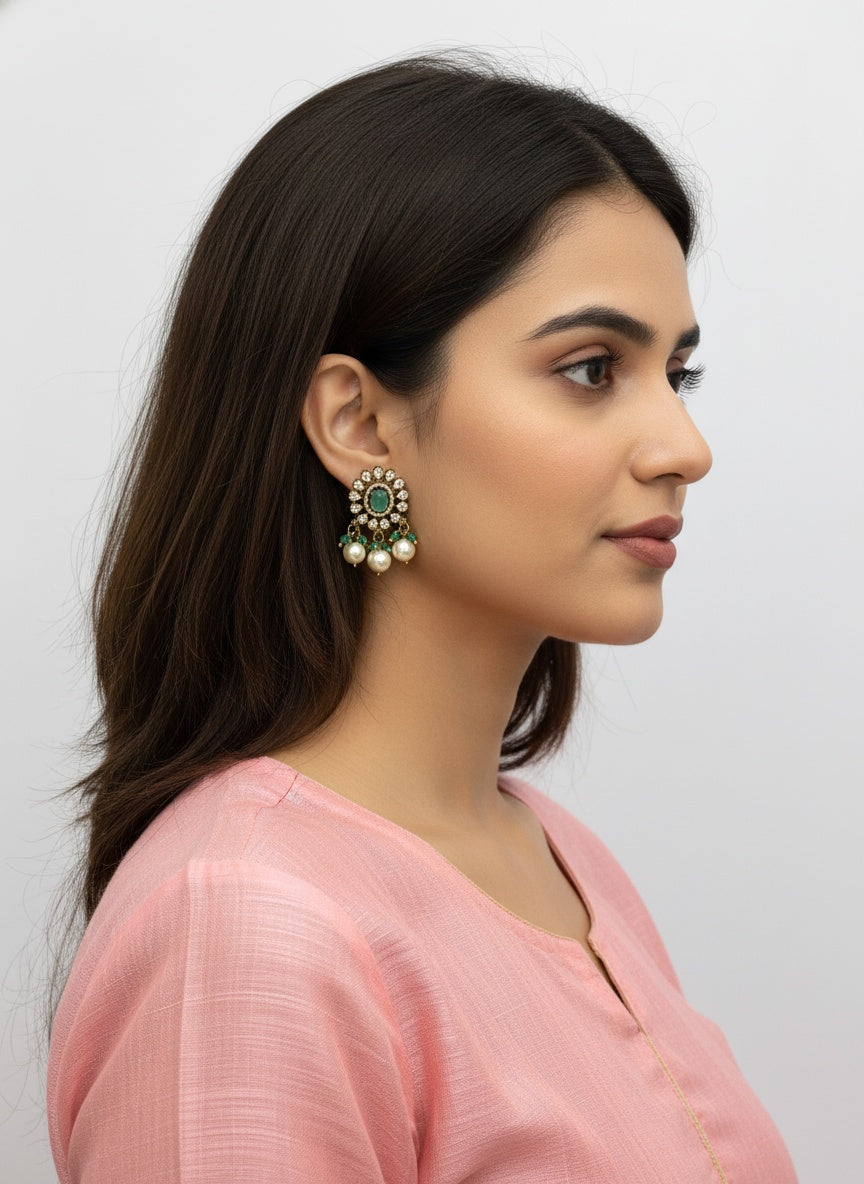 Victorian Gold Plated Polki Stud Earrings with Pearl detailing