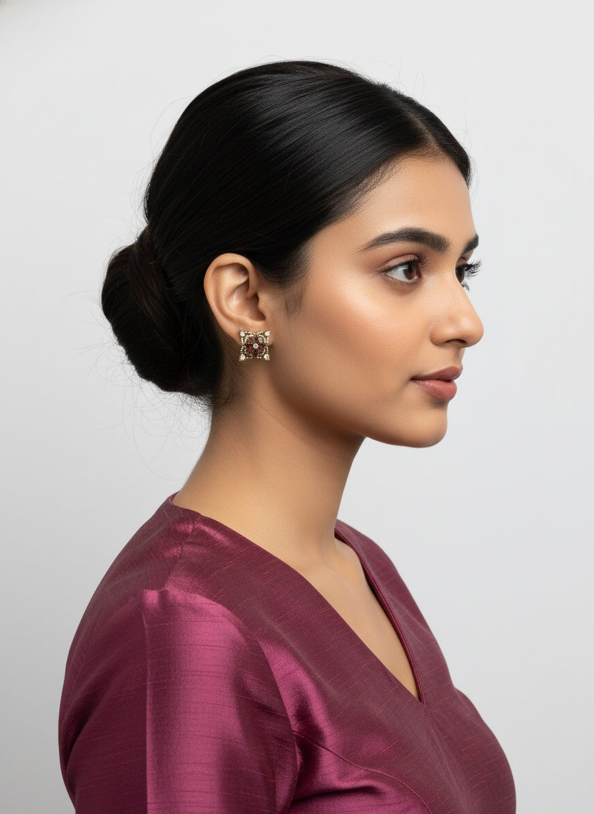 Victorian Gold-Plated Geometric pattern Polki Stud Earrings