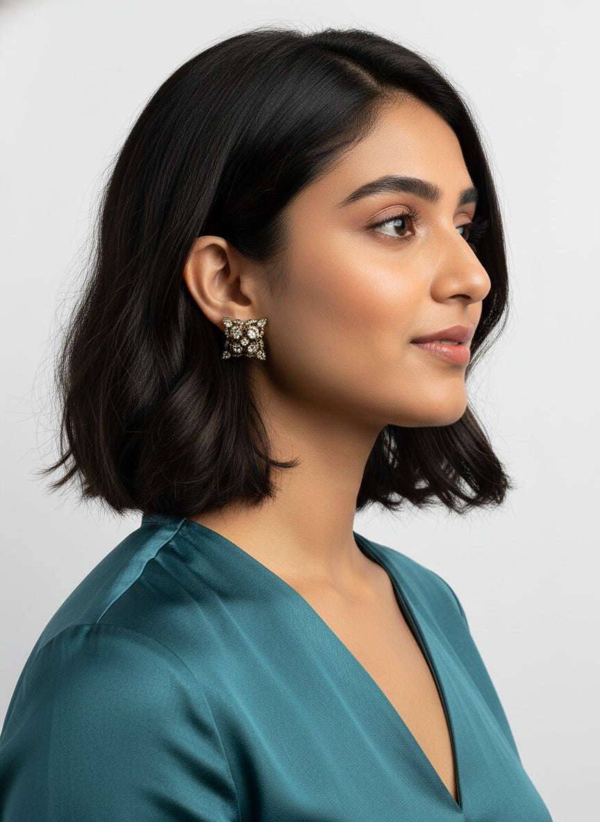 Victorian Gold-Plated Geometric pattern Polki Stud Earrings