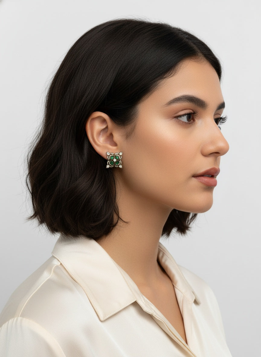 Victorian Gold-Plated Geometric pattern Polki Stud Earrings