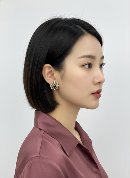 Victorian Floral Pattern Gold Plated Polki Stud Earrings