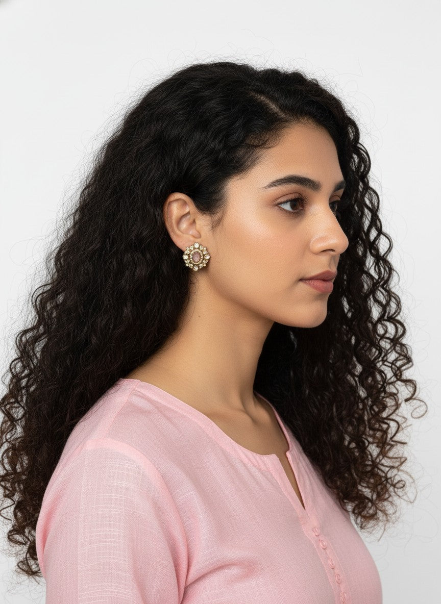 Victorian Floral Pattern Gold Plated Polki Stud Earrings