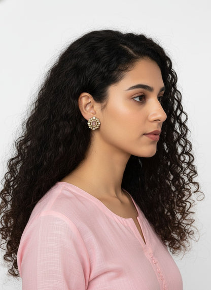 Victorian Floral Pattern Gold Plated Polki Stud Earrings