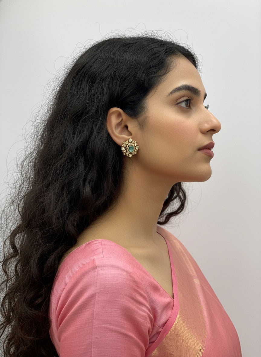 Victorian Floral Pattern Gold Plated Polki Stud Earrings