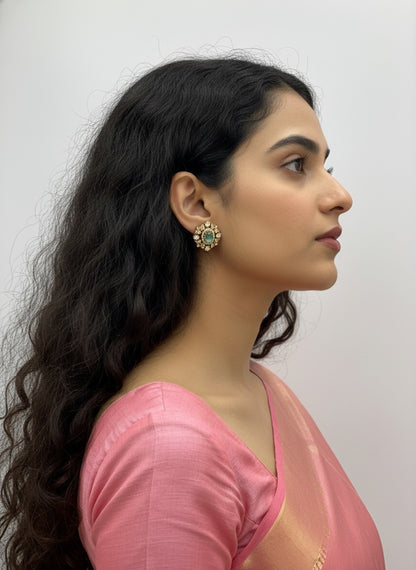 Victorian Floral Pattern Gold Plated Polki Stud Earrings