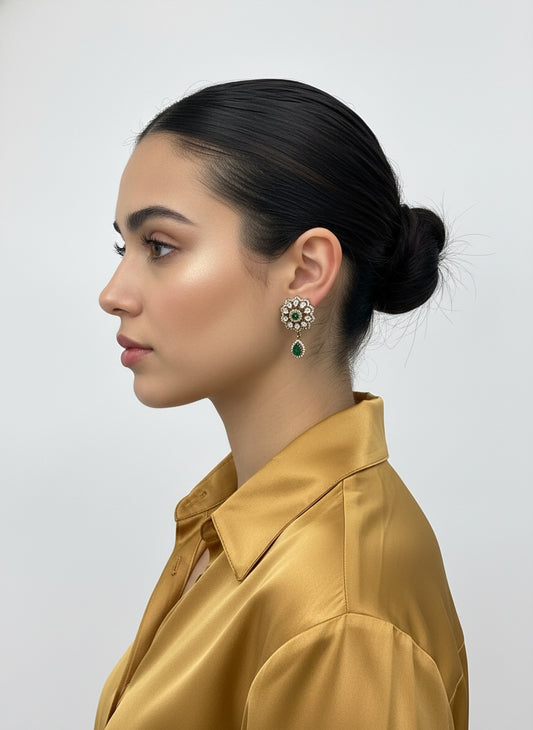 Victorian Gold Plated Polki Stud Earrings with Stone Drop