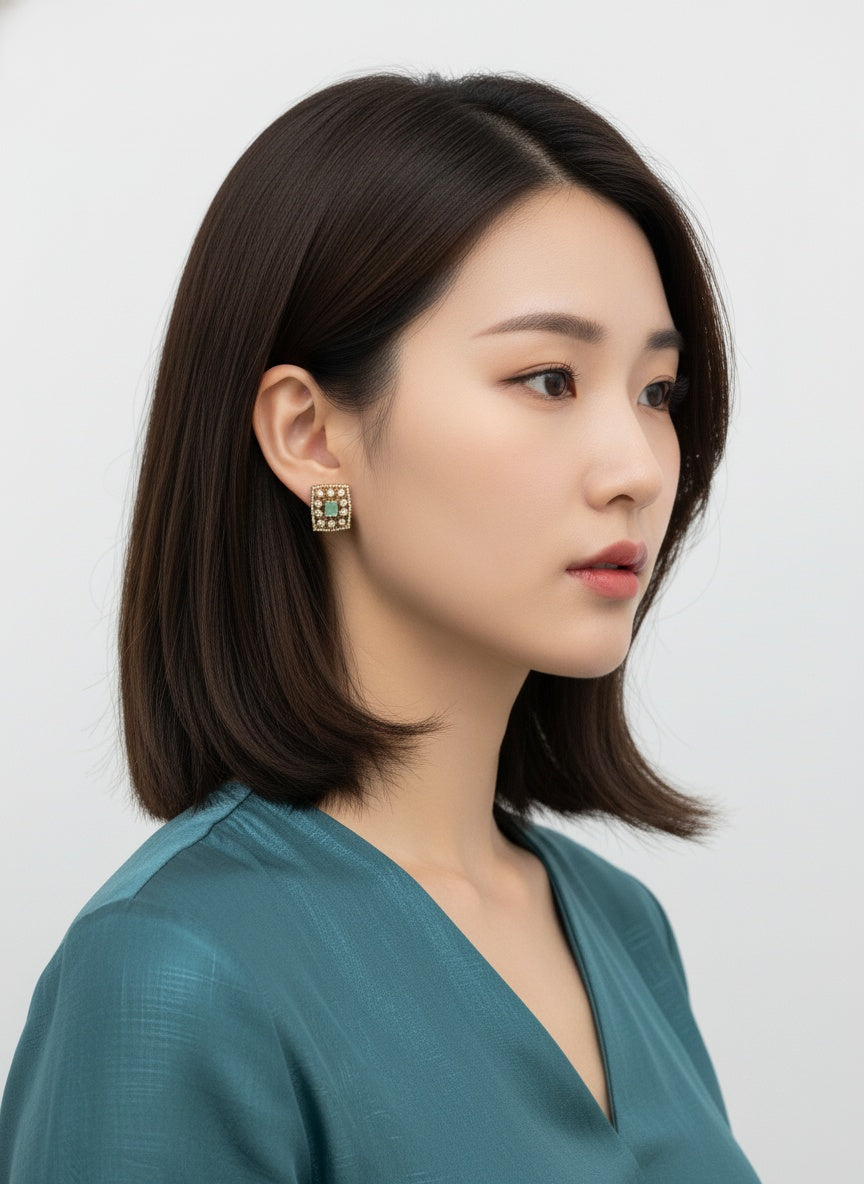 Victorian Gold Plated Polki Stud Earrings in Geometric Pattern