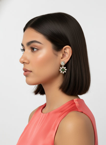 Victorian Gold Plated Polki Stud Earrings with Floral Drop