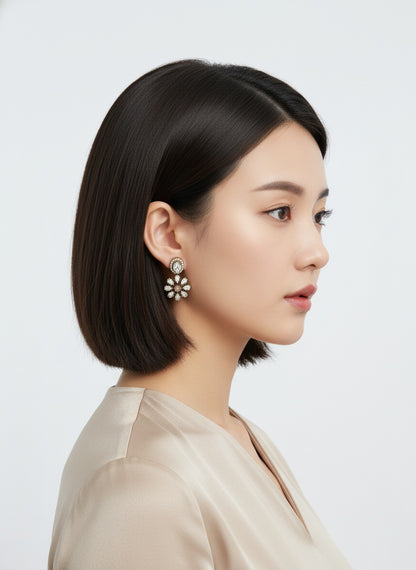 Victorian Gold Plated Polki Stud Earrings with Floral Drop