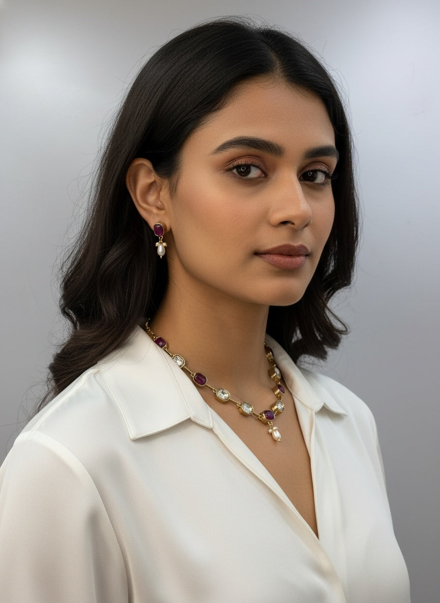 Gold Plated Crystal Stone and Beads Long Necklace Set for Women