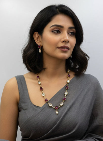 Gold Plated Crystal Stone and Beads Long Necklace Set for Women
