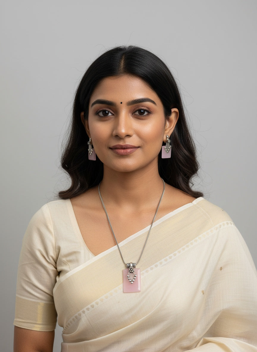 Silver Oxidized Ethnic Chain Necklace Set in Geometric Pattern Rose Quartz for Women - Everyday Wear