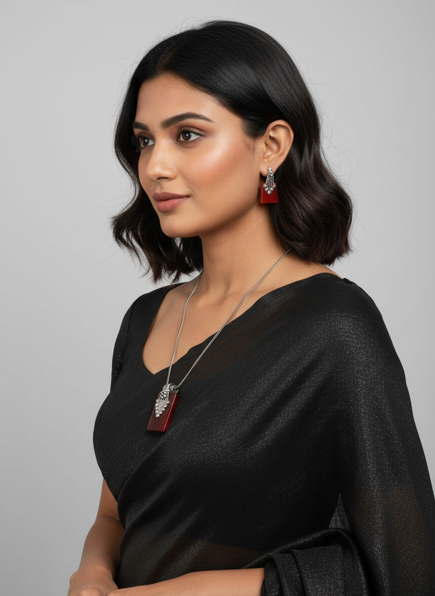 Silver Oxidized Ethnic Chain Necklace Set in Geometric Pattern Carnelian Stone for Women - Everyday Wear