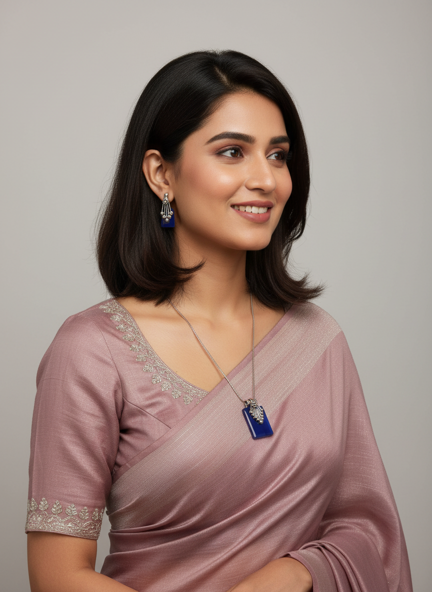 Silver Oxidized Ethnic Chain Necklace Set in geometric pattern