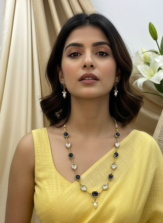 Gold Plated Crystal Stone and Beads Long Necklace Set for Women - All Occasions