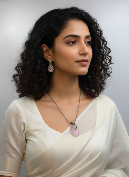 Silver Oxidized Ethnic Chain Necklace set in oval design pattern