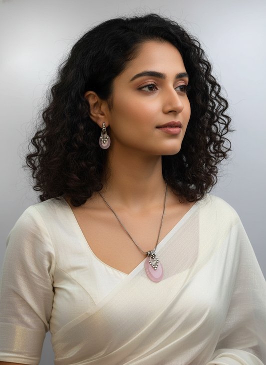 Silver Oxidized Ethnic Chain Necklace set in oval design pattern