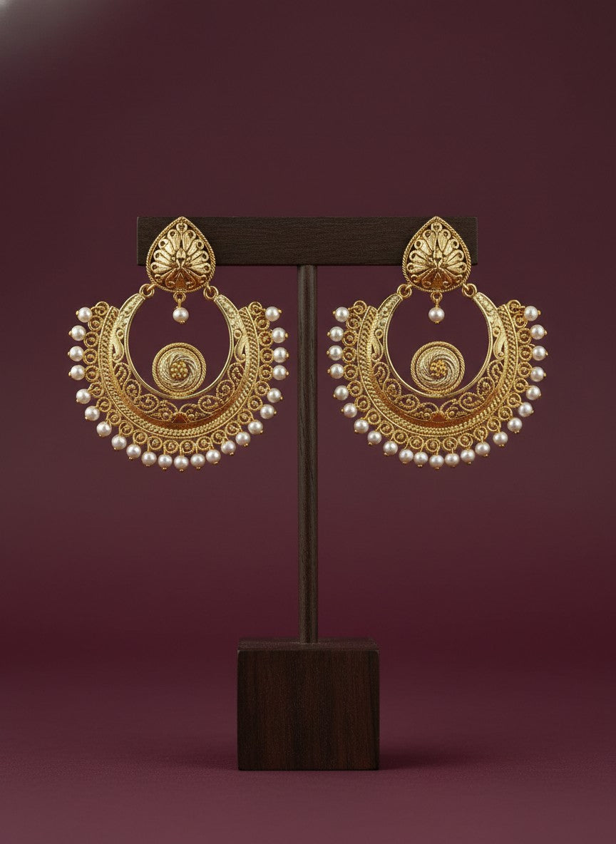 Gold Plated Chandbali Dangler Earrings with Pearl Detailing