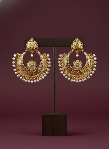 Gold Plated Chandbali Dangler Earrings with Pearl Detailing
