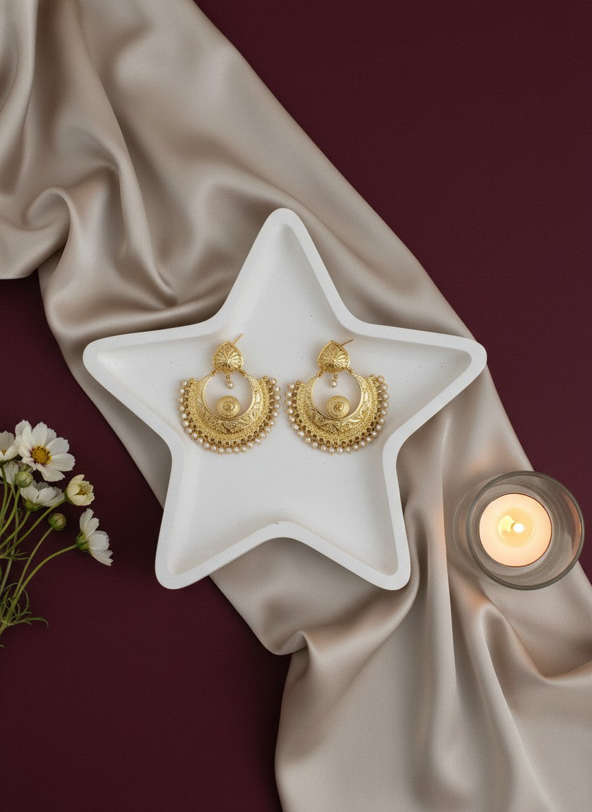 Gold Plated Chandbali Dangler Earrings with Pearl detailing