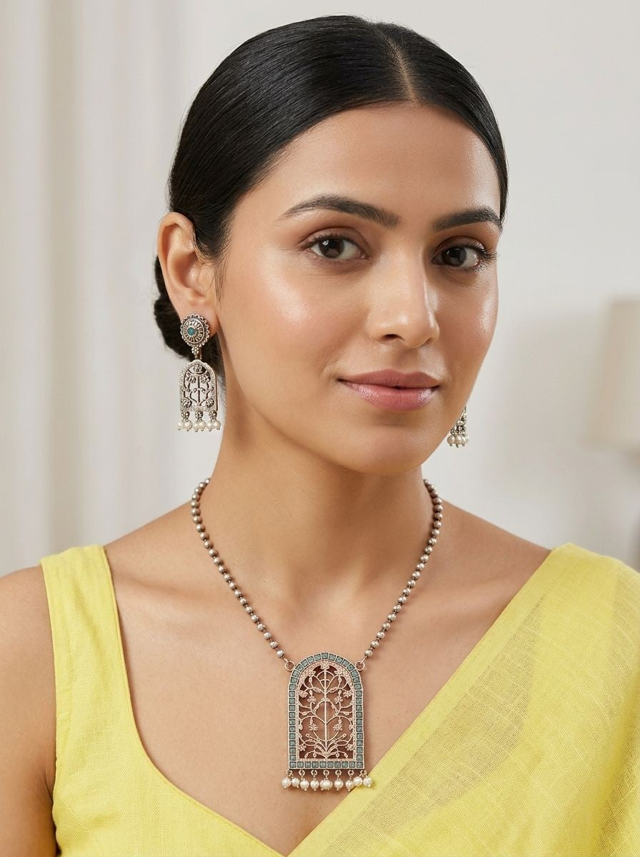 Handcrafted Silver Oxidized Jharokha Pendant Necklace Set with Turquoise Stones & Pearl Embellishments for Women - Ethnic Wear