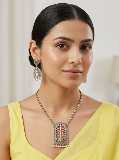 Handcrafted Silver Oxidized Jharokha Pendant Necklace Set with Turquoise Stones & Pearl Embellishments for Women - Ethnic Wear