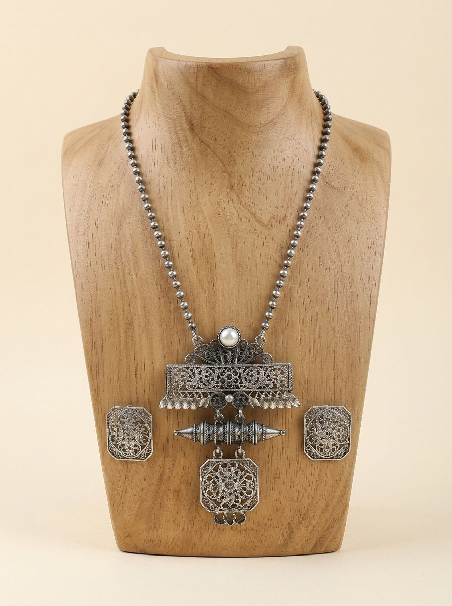 Silver Oxidized Floral Filigree Pendant Necklace Set with Green Stones for Women - Ethnic Wear