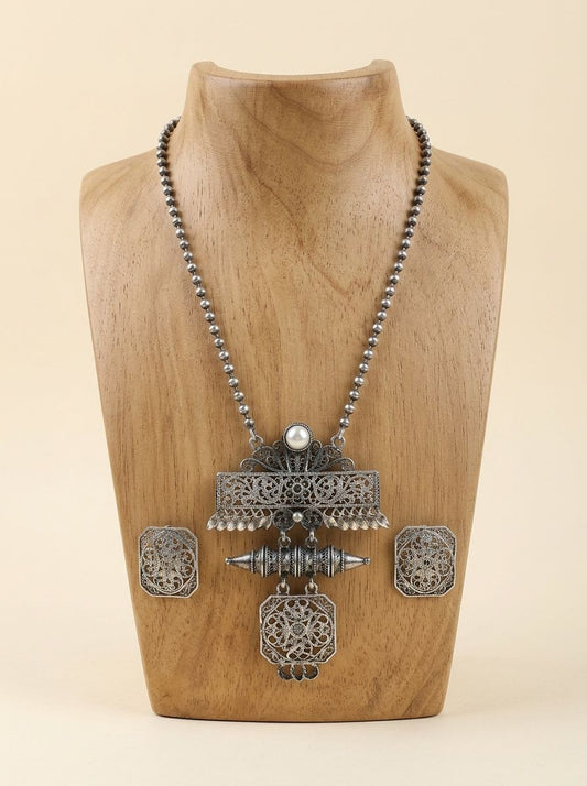 Silver Oxidized Floral Filigree Pendant Necklace Set with Green Stones for Women - Ethnic Wear