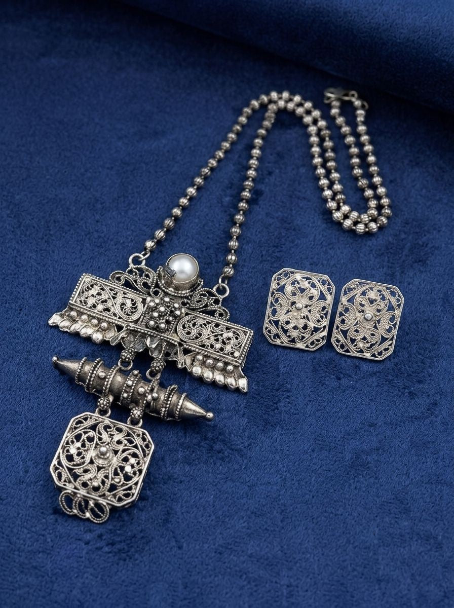 Silver Oxidized Floral Filigree Pendant Necklace Set with Green Stones for Women - Ethnic Wear
