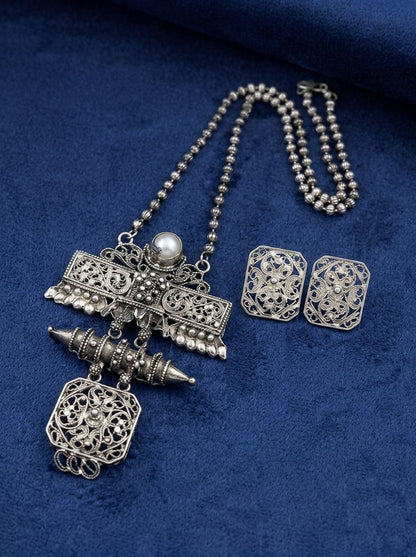 Silver Oxidized Floral Filigree Pendant Necklace Set with Green Stones for Women - Ethnic Wear