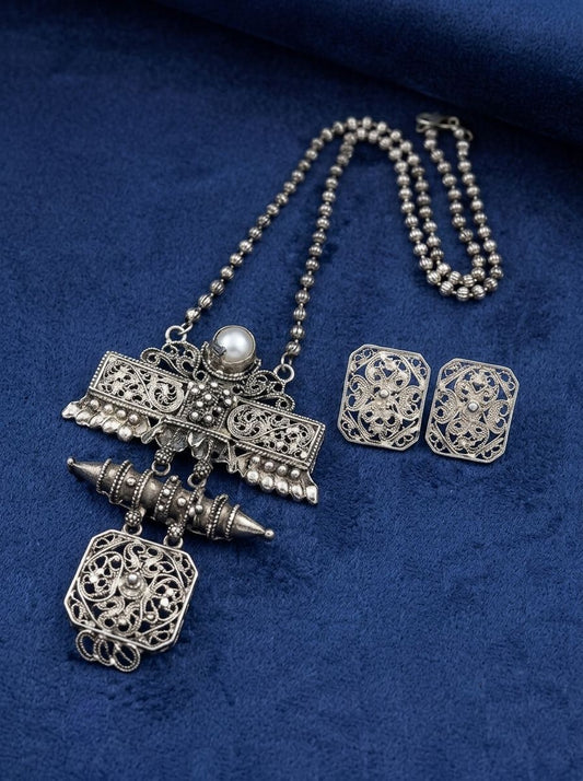 Silver Oxidized Floral Filigree Pendant Necklace Set with Green Stones for Women - Ethnic Wear