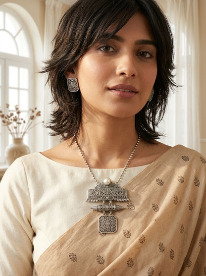 Silver Oxidized Floral Filigree Pendant Necklace Set with Green Stones for Women - Ethnic Wear