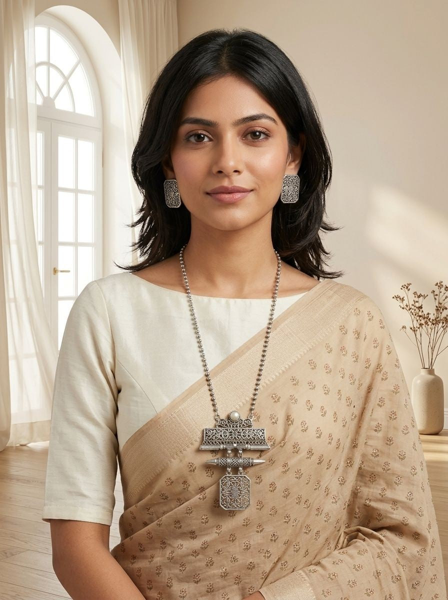 Silver Oxidized Floral Filigree Pendant Necklace Set with Green Stones for Women - Ethnic Wear