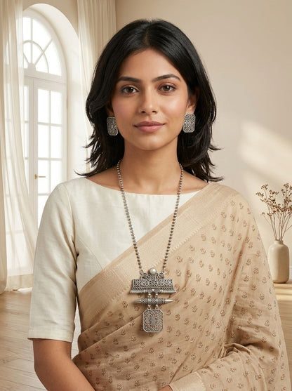 Silver Oxidized Floral Filigree Pendant Necklace Set with Green Stones for Women - Ethnic Wear