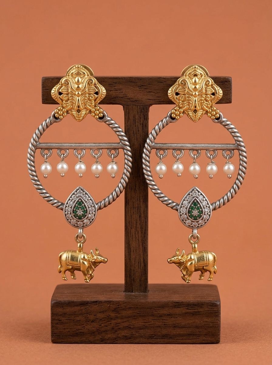 Two-Tone Nandi Dangler Earrings with Black Stone & Pearl Drops for Women - Festive Wear