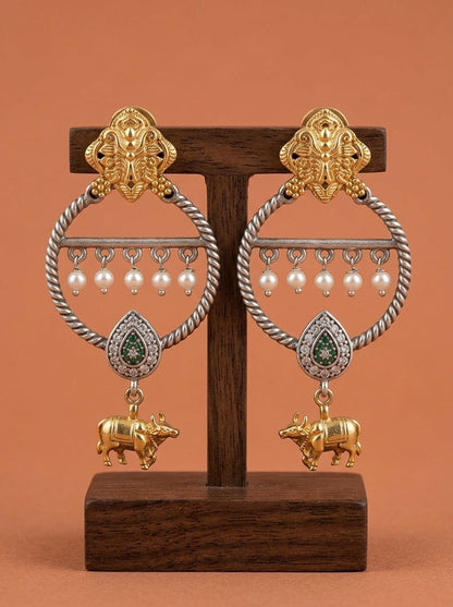 Two-Tone Nandi Dangler Earrings with Black Stone & Pearl Drops for Women - Festive Wear