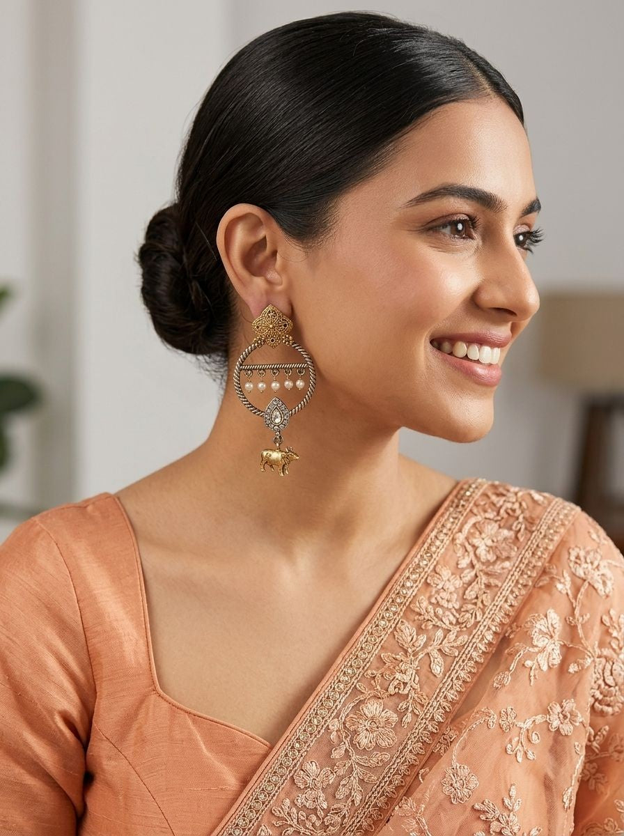 Two-Tone Nandi Dangler Earrings with White Stone & Pearl Drops for Women - Festive Wear