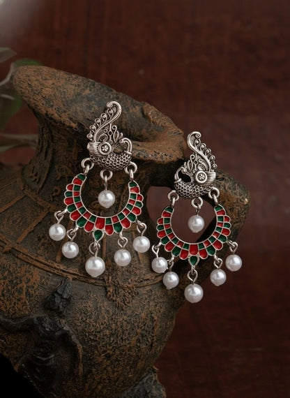Silver Oxidized Peacock Designed Enamel Artwork with Dangling Pearl Antique Earring for Women - Festive Wear