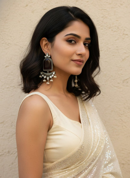Silver Oxidized Jumbo Stone Dangler Earring for Women
