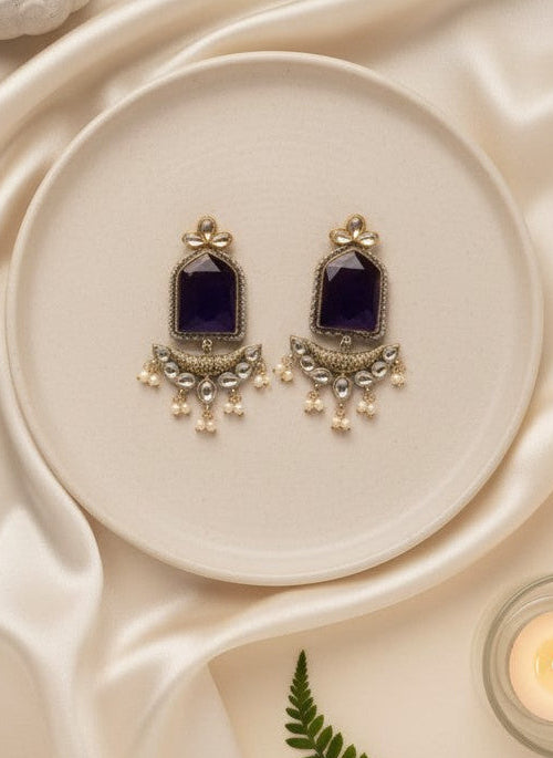 Silver Oxidized Jumbo Stone Dangler Earring for Women