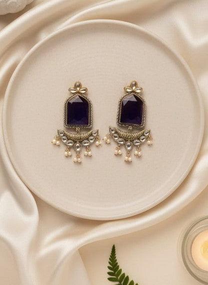 Silver Oxidized Jumbo Stone Dangler Earring for Women