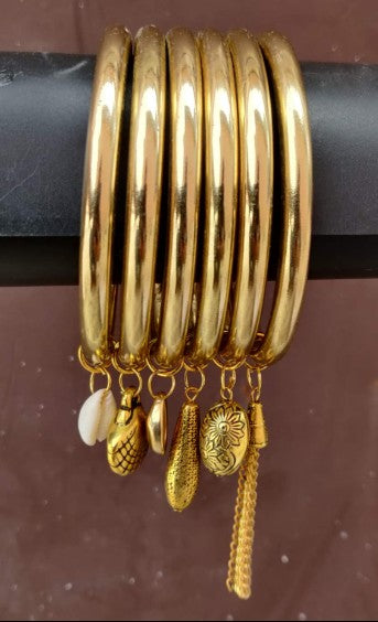 Pure Brass Gold Tone Charm Stackable Bangle Set of 6 for Women – Ethnic Fusion Wear
