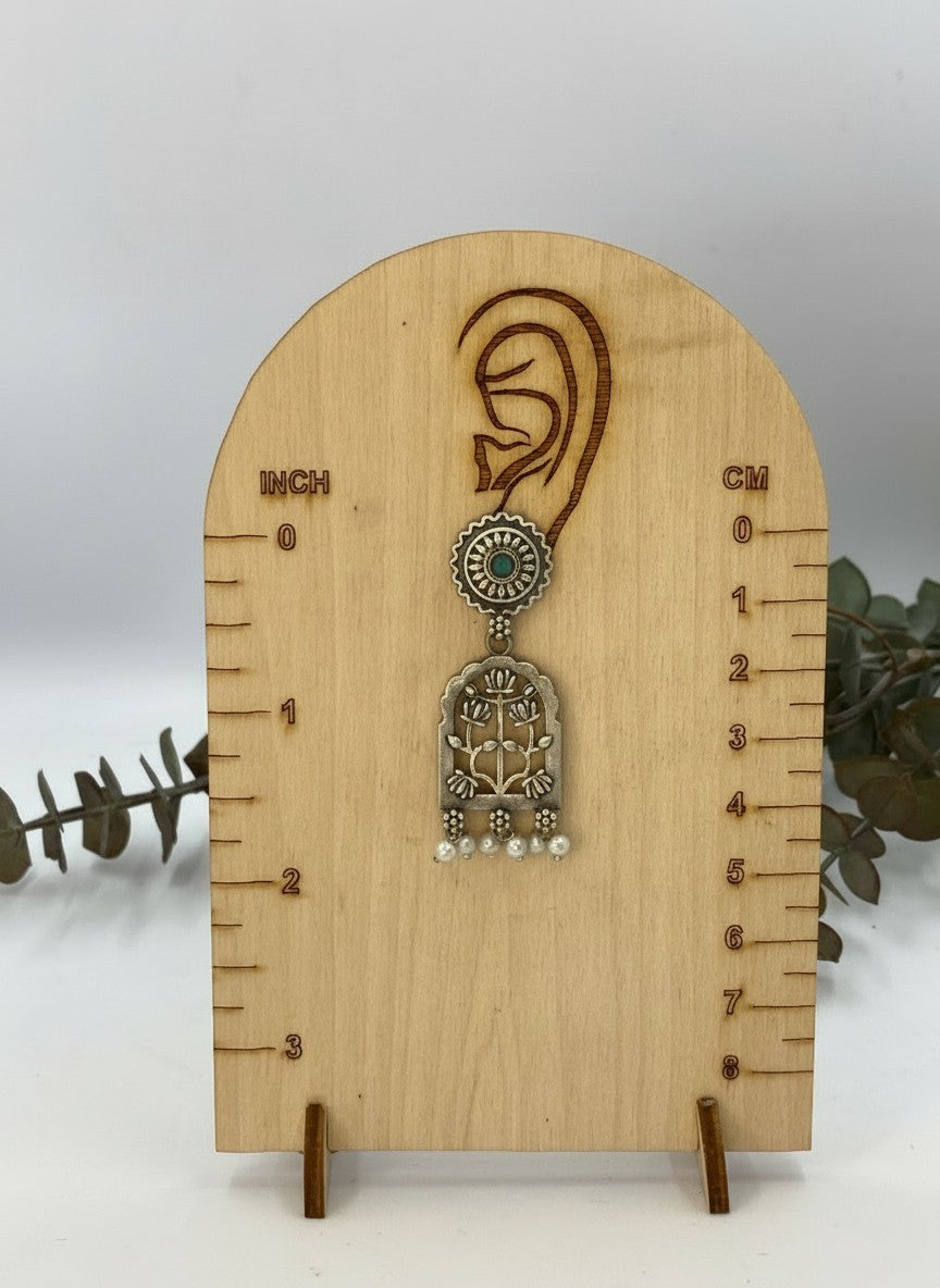 Handcrafted Silver Oxidized Jharokha Pendant Necklace Set with Turquoise Stones & Pearl Embellishments for Women - Ethnic Wear