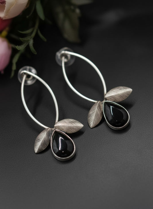 Silver Oxidized Leaf Design Earrings with Stone Drop for Women - All Occasions Wear