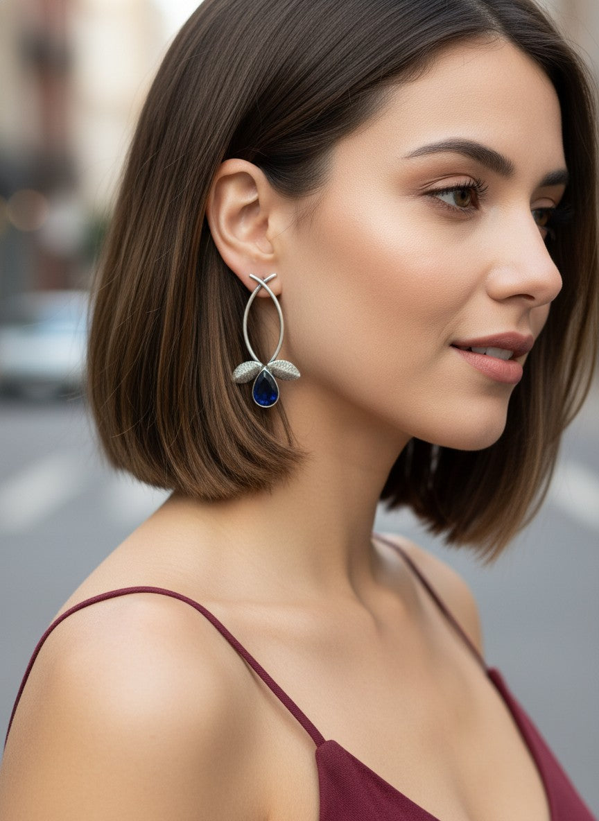 Silver Oxidized Leaf Design Earrings with Stone Drop for Women - All Occasions Wear