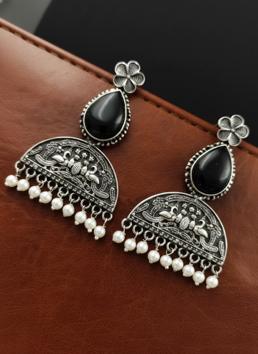 Mayura Floral Motifs Black Monalisa Stone Dangler Earrings with Pearl detailing for Women - All Occasions