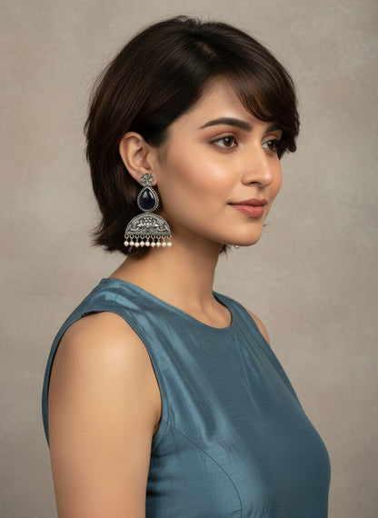 Mayura Floral Motifs Dark Blue Monalisa Stone Dangler Earrings with Pearl detailing for Women - All Occasions