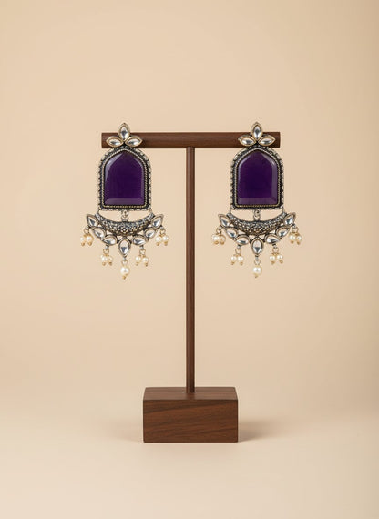 Silver Oxidized Jumbo Stone Dangler Earring for Women